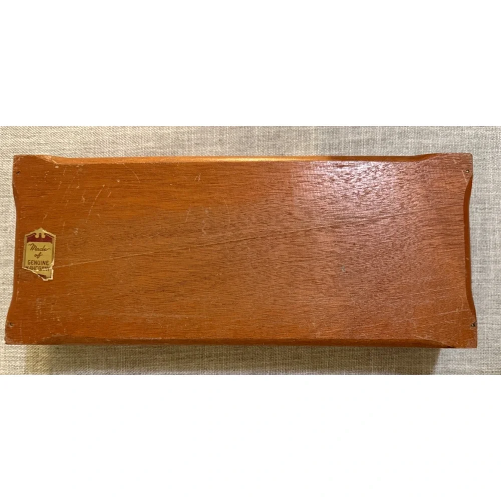 🃏 Vintage Mahogany Wood Playing Card Box Holder w/ Scenic Lid – 11”